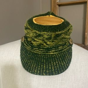 Green and yellow Celtic wool Knit pony tail hat with brim one size fits most